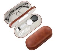 Fintie Estuche 2 en 1 para lentes de contacto y estuche para lentes, soporte de viaje portátil de doble cara con espejo integrado, pinzas y botella de solución para lentes de contacto incluida, marrón