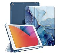 Fintie Funda Compatible con iPad 10,2" 2021/2020/2019 (9.ª, 8.ª y 7.ª Gen) con Soporte Integrado para Pencil - Trasera Transparente Carcasa Ligera Auto-Reposo/Activación, (Z-Mármol Azul Dorado)