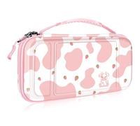 Fintie Funda de transporte para Nintendo Switch OLED modelo 2021/Switch 2017, a prueba de golpes, funda protectora rígida con 10 ranuras para tarjetas de juego y bolsillo interior, Vaca de fresa