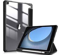 Fintie Funda Durable Compatible con iPad 10,2" 2021/2020/2019 (9.ª, 8.ª y 7.ª Gen) con Portalápiz - Carcasa Trasera Transparente a Prueba de Choques Auto-Reposo/Activación, Negro
