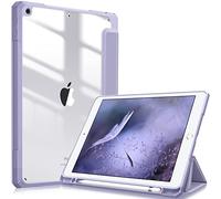 Fintie Funda Durable Compatible con iPad 10,2" 2021/2020/2019 (9.ª, 8.ª y 7.ª Gen) con Portalápiz - Carcasa Trasera Transparente a Prueba de Choques Auto-Reposo/Activación, Lila