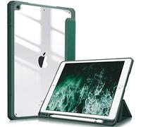Fintie Funda Durable Compatible con iPad 10,2" 2021/2020/2019 (9.ª, 8.ª y 7.ª Gen) con Portalápiz - Carcasa Trasera Transparente a Prueba de Choques Auto-Reposo/Activación, Satinado Verdinegro
