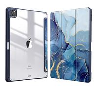 Fintie Funda Durable Compatible con iPad Pro 12,9" (2022/2021/2020/2018-6.ª, 5.ª, 4.ª y 3.ª Gen) Carcasa con Portalápiz Trasera Transparente a Prueba de Choques, Mármol Azul Dorado
