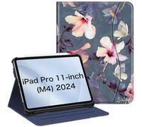 FINTIE Funda para iPad Pro 11 pulgadas (M4) 2024 [Número de modelo: A2836/A2837/A3006] con lápiz titular, Multi-angli Slim Fit Folio Cover Case con Pocket y Auto Despertador/Sueño, Blooming Hibiscus