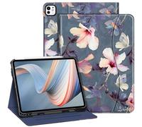 Fintie - Funda tipo libro para iPad Pro de 13 pulgadas (M4) 2024, protectora, con atril, visión multiángulo, con portalápices y bolsillo, apagado y encendido automáticos, hibisco en flor