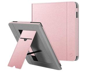 FINTIE Funda Vertical para Kobo Libra H2O - Carcasa con Bolsillo para Tarjeta y Correa de Mano Función de Soporte y Auto-Reposo/Activación, Oro Rosa