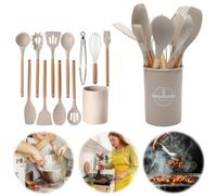 Fiorky Juego de utensilios de cocina, 12 piezas de utensilios de cocina de silicona, kit de herramientas, mango de madera, utensilios de cocina resistentes al calor con soporte, juego de
