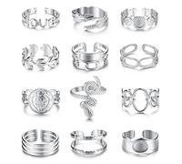 FIOROYAL 12 Piezas Anillos Mujer Niña Acero Inoxidable Apilables Boho Midi Ajustable Anillo Abierto Thick Chunky Pulgar Anillos de Promesa de Boda Plata