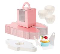 Fippy 50 cajas individuales para cupcakes con 100 cajas de papel para cupcakes, cajas individuales de panadería con asa y ventana transparente, postres, color rosa