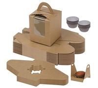 Fippy 50 Cajas Individuales para Cupcakes con 100 Fundas de Papel para Cupcakes, Cajas Individuales para Magdalenas con Asa y Ventana Transparente, para magdalenas pasteleras galletas, Marrón