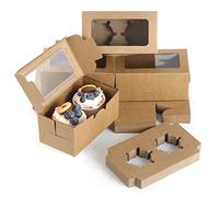 Fippy 50 Cajas para Cupcakes 2 Agujeros con Ventana, Cajas de Papel Marrón Kraft para Tartas Magdalenas, Cajas de Pastelería para Magdalenas Galletas Postres, Kraft