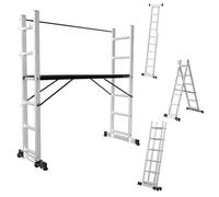 Fiqops Andamio de aluminio 4 en 1 máx. 276 cm, soporta hasta 150 kg, andamio versátil, plataforma de trabajo móvil y 2 ruedas, escalera de andamio, andamio, 2 x 6 peldaños, color plateado