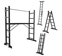 Fiqops Andamio de aluminio 4 en 1 máx. 276 cm, soporta hasta 150 kg, andamios versátiles, plataforma de trabajo móvil y 2 ruedas, escalera de andamio, andamio, 2 x 6 peldaños, color negro