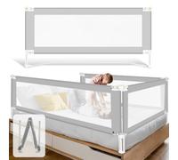Fiqops Barrera de cama abatible, protección contra caídas, 180CMx1+150CMx1 con base en U, barandilla de cama ajustable en altura de 68-95cm para camas infantiles y de matrimonio
