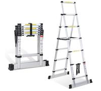 Fiqops Escalera telescópica de 1,7 m + 2,0 m, 5 + 6 peldaños Marco A, Carga máxima de 150 kg/330 Libras, Escalera Extensible de Aluminio para Reparaciones de Techo, tamaño Plegado 65 cm