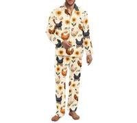 Fiqyvagox Paquete de 2 pijamas para hombre, conjunto de pijama de manga larga con banda elástica, ropa de dormir ligera con bolsillos, Gallo Pollo Girasol Huevo Beige, M