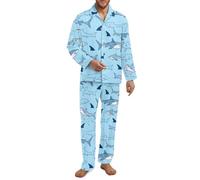 Fiqyvagox Paquete de 2 pijamas para hombre, conjunto de pijama de manga larga con banda elástica, ropa de dormir ligera con bolsillos, Estampado de tiburón azul, XL