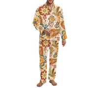 Fiqyvagox Paquete de 2 pijamas para hombre, conjunto de pijama de manga larga con banda elástica, ropa de dormir ligera con bolsillos, Estampado de flores otoñales beige, XXL
