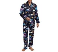 Fiqyvagox Paquete de 2 pijamas para hombre, conjunto de pijama de manga larga con banda elástica, ropa de dormir ligera con bolsillos, Cielo estrellado, planeta, luna, nube, XL