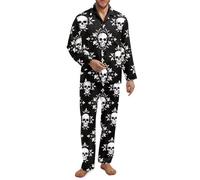 Fiqyvagox Paquete de 2 pijamas para hombre, conjunto de pijama de manga larga con banda elástica, ropa de dormir ligera con bolsillos, Estampado de calavera, blanco y negro, XL