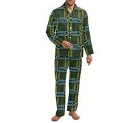 Fiqyvagox Paquete de 2 pijamas para hombre, conjunto de pijama de manga larga con banda elástica, ropa de dormir ligera con bolsillos, Verde geométrico abstracto, L