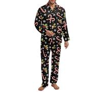 Fiqyvagox Paquete de 2 pijamas para hombre, conjunto de pijama de manga larga con banda elástica, ropa de dormir ligera con bolsillos, Bastón de caramelo con lunares negros, XS