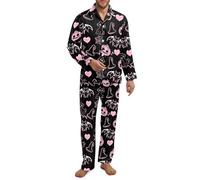 Fiqyvagox Paquete de 2 pijamas para hombre, conjunto de pijama de manga larga con banda elástica, ropa de dormir ligera con bolsillos, Sombrero de bruja, murciélago, gato, corazón, rosa, negro, 4XL