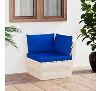 FIRBNUS Sofá esquinero de jardín sobre palés con cojines azules de 60 x 60 x 65 cm, silla de jardín, sofás de jardín, sillas de exterior de madera de abeto