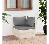 FIRBNUS Sofá esquinero de jardín sobre palés con cojines grises, 60 x 60 x 65 cm, silla de jardín de madera de abeto