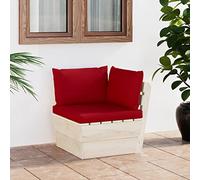 FIRBNUS Sofá esquinero de jardín sobre palés con cojines rojos de 60 x 60 x 65 cm, silla de jardín, sofás de jardín, sillas de exterior de madera de abeto