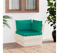 FIRBNUS Sofá esquinero de jardín sobre palés con cojines verdes, 60 x 60 x 65 cm, silla de jardín, sofás de jardín, sillas de exterior de madera de abeto