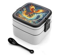 Fire And Water Phoenix Bento Box 1000ml Leak Proof Lunch Container with Removable Dividers & Spoon - BPA-Free PP Stackable Lunch Box for Work, Office, Picnic, Travel, Dining Out