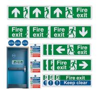 Fire Exit Sign - Pegatinas de escape autoadhesivos (21 unidades) | Kit de señalización y advertencia de salida | Man Running Right & Pointing Up, grandes fuentes para construir fuego exìt, seguridad