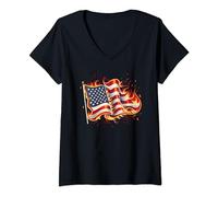 Fire Flames of America Us quema la bandera patriótica estadounidense Camiseta Cuello V
