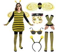 Firecos Disfraz de Abeja Adulto 6 Piezas Disfraz de Animal para Mujeres Accesorios con Alas Antena Diadema Gafas de Sol Guantes Calcetines para Carnaval Fiesta (S-34-36, Amarillo con pegatina)