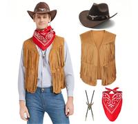 Firecos Disfraz de Vaquero para Hombres Cosplay Cowboy Chaleco con Flecos Sombrero Pañuelo Collar para el Carnaval Disfraces Hippie para Adultos (Caqui, XXXL)