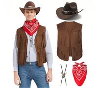 Firecos Disfraz de Vaquero para Hombres Cosplay Cowboy Chaleco con Flecos Sombrero Pañuelo Collar para el Carnaval Disfraces Hippie para Adultos (Marrón, M)