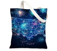 Fireworks - Bolsa de lona para mujer, diseño de mapas, estrellas, 4 de julio, color azul, lavable, reutilizable, ideas para la compra, Azul, 13x15 Inch