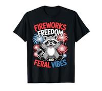 Fireworks Freedom and Feral Vibes Patriótico Mapache Camiseta