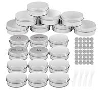 Firschoie 20 Piezas Tarros de Aluminio, 20ml Contenedores Cosmético de Viaje con tapón de rosca, Mini tarro con 28 pegatinas redondas y 4 espátulas, para llevar maquillaje, lociones, velas(plata)