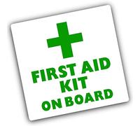 First Aid Kit On Board-Green on White-Vehicle,Coche,Autobús,Taxi,Minicab,Minibus Pegatina de advertencia de vinilo autoadhesivo 100mm x 100mm