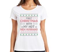 First Christmas with My Hot New Husband - Camiseta de manga corta para mujer, Blanco, 3XL