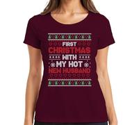 First Christmas with My Hot New Husband - Camiseta de manga corta para mujer, granate, XXL