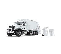 First Gear Blanco/Blanco Escala 1/34 Mack Granite MP con cargador trasero McNeilus y carritos de basura