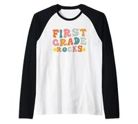 First Grade Rocks Retro Teacher Student Kids Back to School Camiseta Manga Raglan