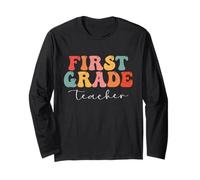 First Grade Teacher Retro Men Women First Day of School Manga Larga