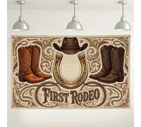 First Rodeo - Fondo con temática occidental, botas de vaquero vintage y decoraciones de sombrero, fondo de fotografía marrón rústico para fiestas y eventos, 71 x 43 pulgadas