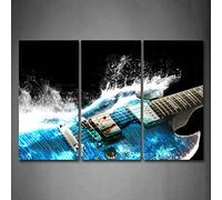 First Wall Art - Guitarra Cuadros en Lienzo La Música es Poderosa Como las Ondas Azules Decoracion de Pared 3 Piezas Modernos Mural Fotos para Salon,Dormitorio,Baño,Comedor