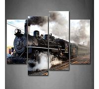First Wall Art - Tren Cuadros en Lienzo Tren de Vapor con Humo Gris Viaja en Vías Decoracion de Pared 4 Piezas Modernos Coche Mural Fotos para Salon,Dormitorio,Baño,Comedor