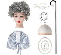 FIRSTXIU Conjunto de disfraz de anciana para niños, accesorios con chal, gafas, collar, aretes, vestido de anciana